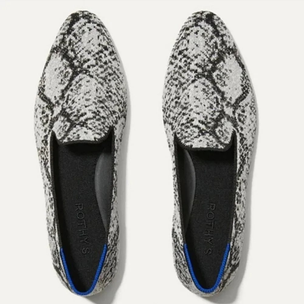 EUC Rothy’s White Python Snake Almond Loafers Flats Black Size 9